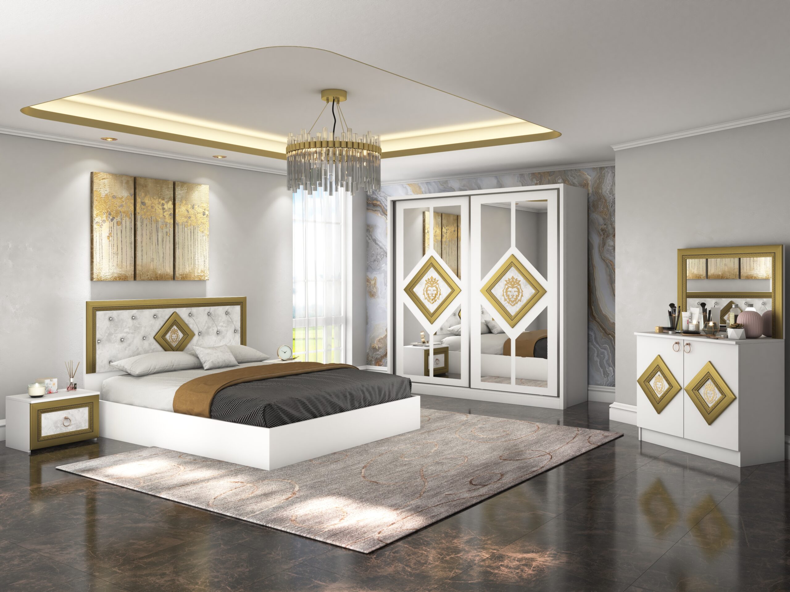 Dormitor Deluxe, culoare alb, cu pat tapitat 160 x 200, dulap 200 cm, comoda si 2 noptiere