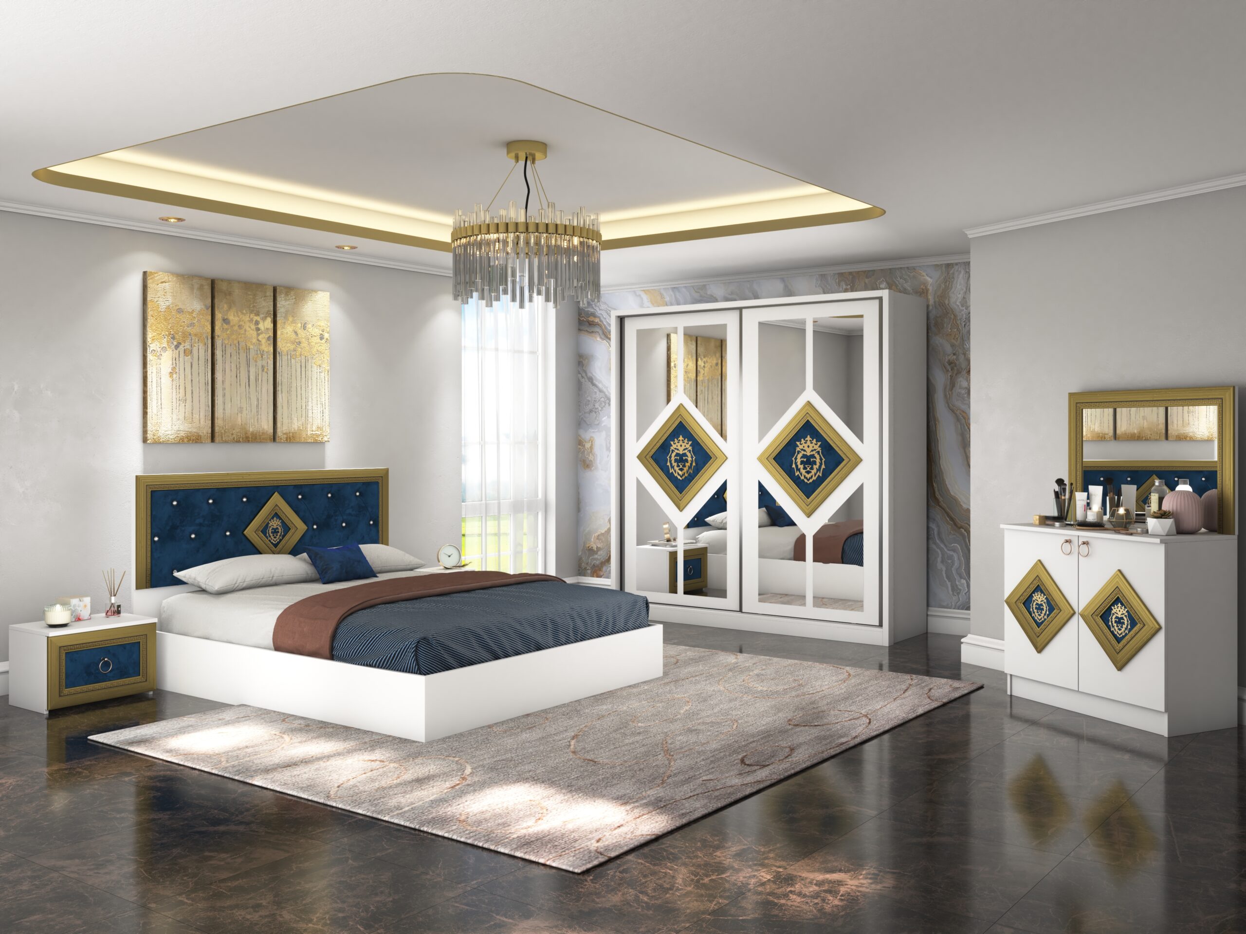 Dormitor Deluxe, culoare alb / albastru, cu pat tapitat 160 x 200, dulap 200 cm, comoda si 2 noptiere