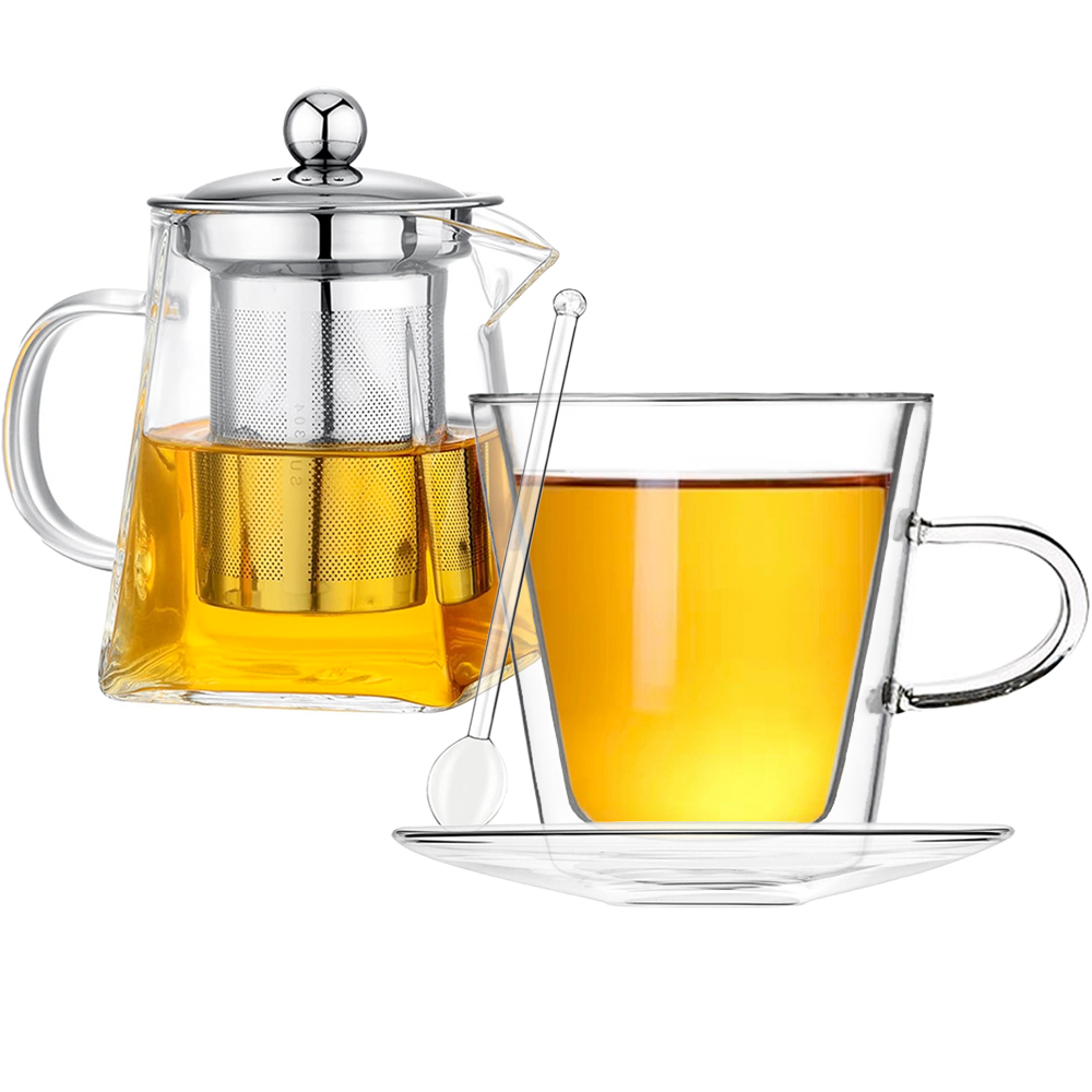 Set ceainic cu ceasca, Quasar & Co.®, cu infuzor, capac, cana pereti dubli, 1 farfurioara, 1 lingurita, 350 ml/250 ml, sticla, transparent