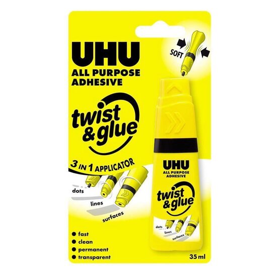 Lipici universal pentru scoala si birou UHU Twist&Glue, aplicator 3 în 1, 35ml , blister