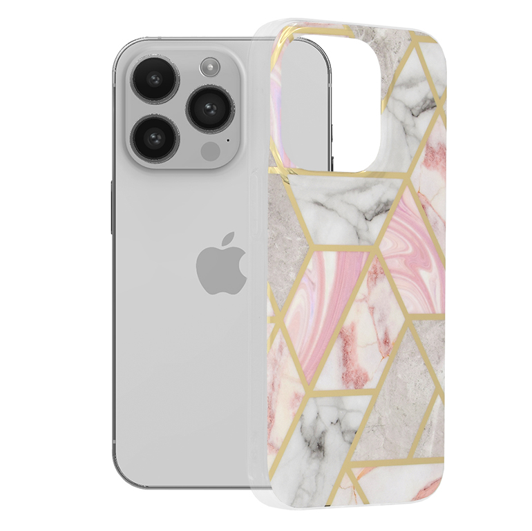Husa de protectie telefon Marble compatibila cu iPhone 14 Pro, Pink Hex - ES01894