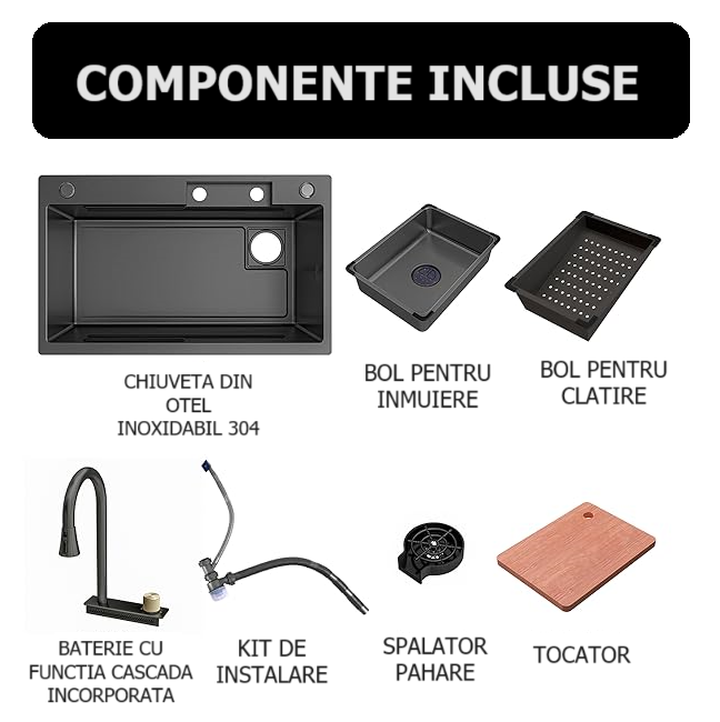 Chiuveta de bucatarie Radinavico, multifunctionala, accesorii incluse, kit de instalare inclus, negru