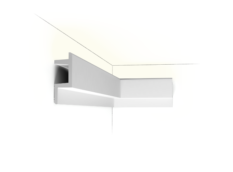 Cornisa C383 ILUMINAT LED, profil pentru ascundere perdea, pentru tavan / perete, alba, vopsibila, rigida, calitate excelenta, Belgia, din Poliuretan rigid, L 200 x H 14 x L 5 cm