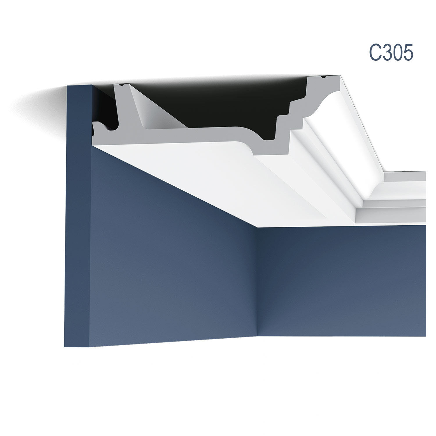 Cornisa C305, profil decorativ, pentru tavan, alba, vopsibila, rigida, calitate excelenta, Belgia, din Poliuretan rigid, L 200 x H 4,7 x L 15,5 cm