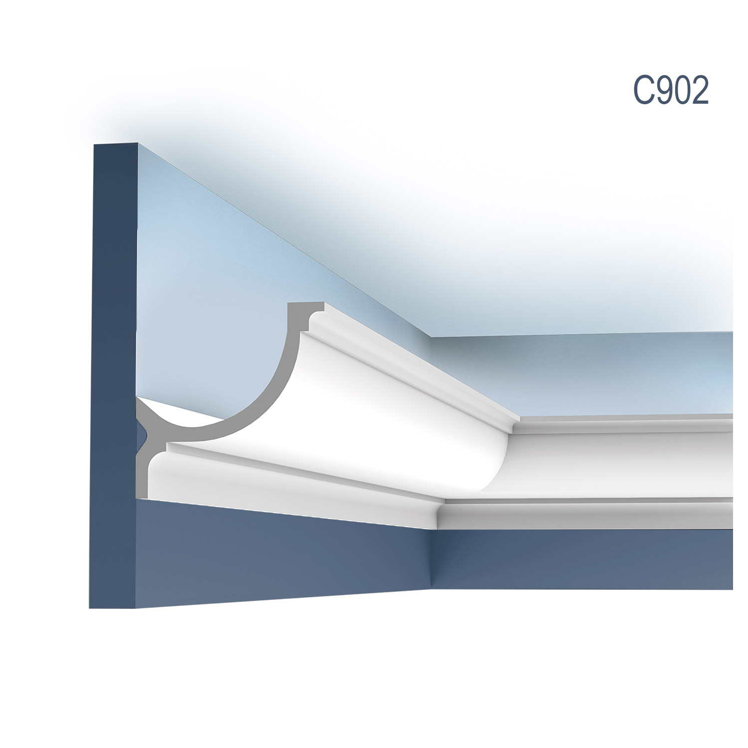 Cornisa C902, profil decorativ pentru LED, pentru tavan, alba, vopsibila, rigida, calitate excelenta, Belgia, din Poliuretan rigid, L 200 x H 10,3 x L 10,3 cm