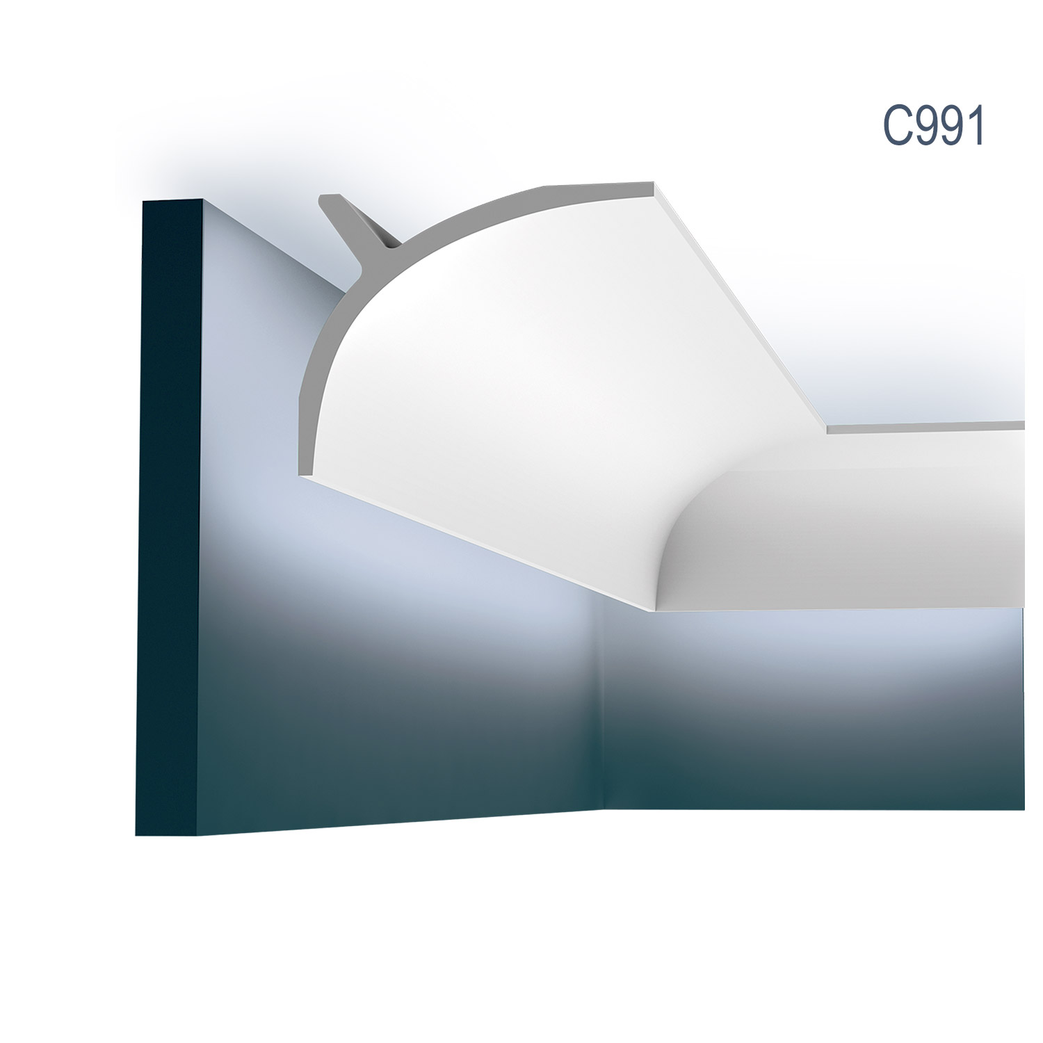 Cornisa C991, profil decorativ pentru LED, pentru tavan, alba, vopsibila, rigida, calitate excelenta, Belgia, din Poliuretan rigid, L 200 x H 11 x L 14 cm