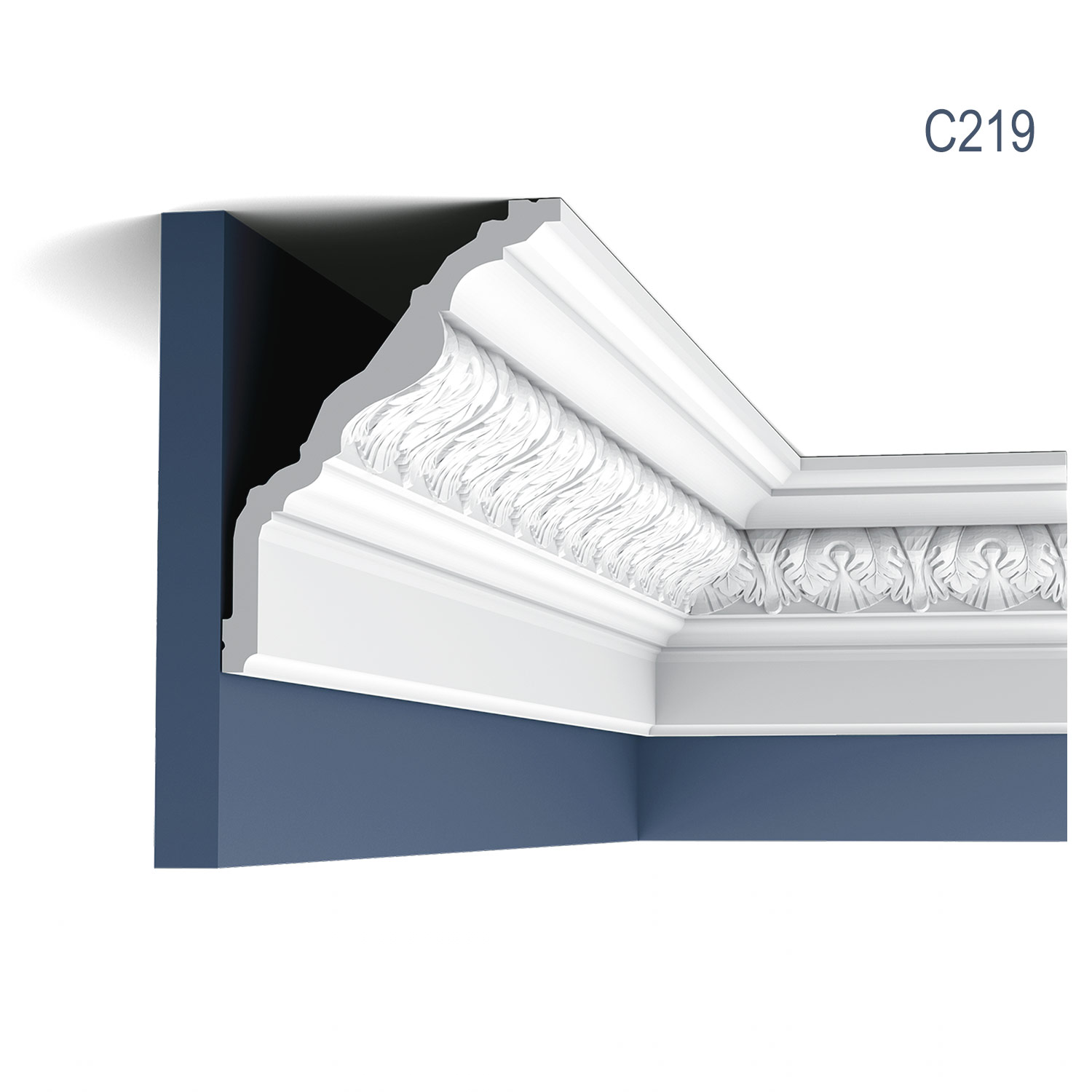Cornisa C219, profil decorativ, pentru tavan, alba, vopsibila, rigida, calitate excelenta, Belgia, din Poliuretan rigid, L 200 x H 13 x L 17,6 cm