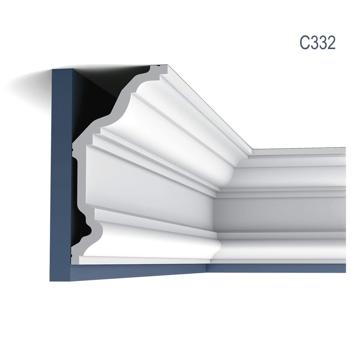 Cornisa C332 NOBLESE, profil decorativ, pentru tavan, alba, vopsibila, rigida, calitate excelenta, Belgia, din Poliuretan rigid, L 200 x H 11,4 x L 23 cm