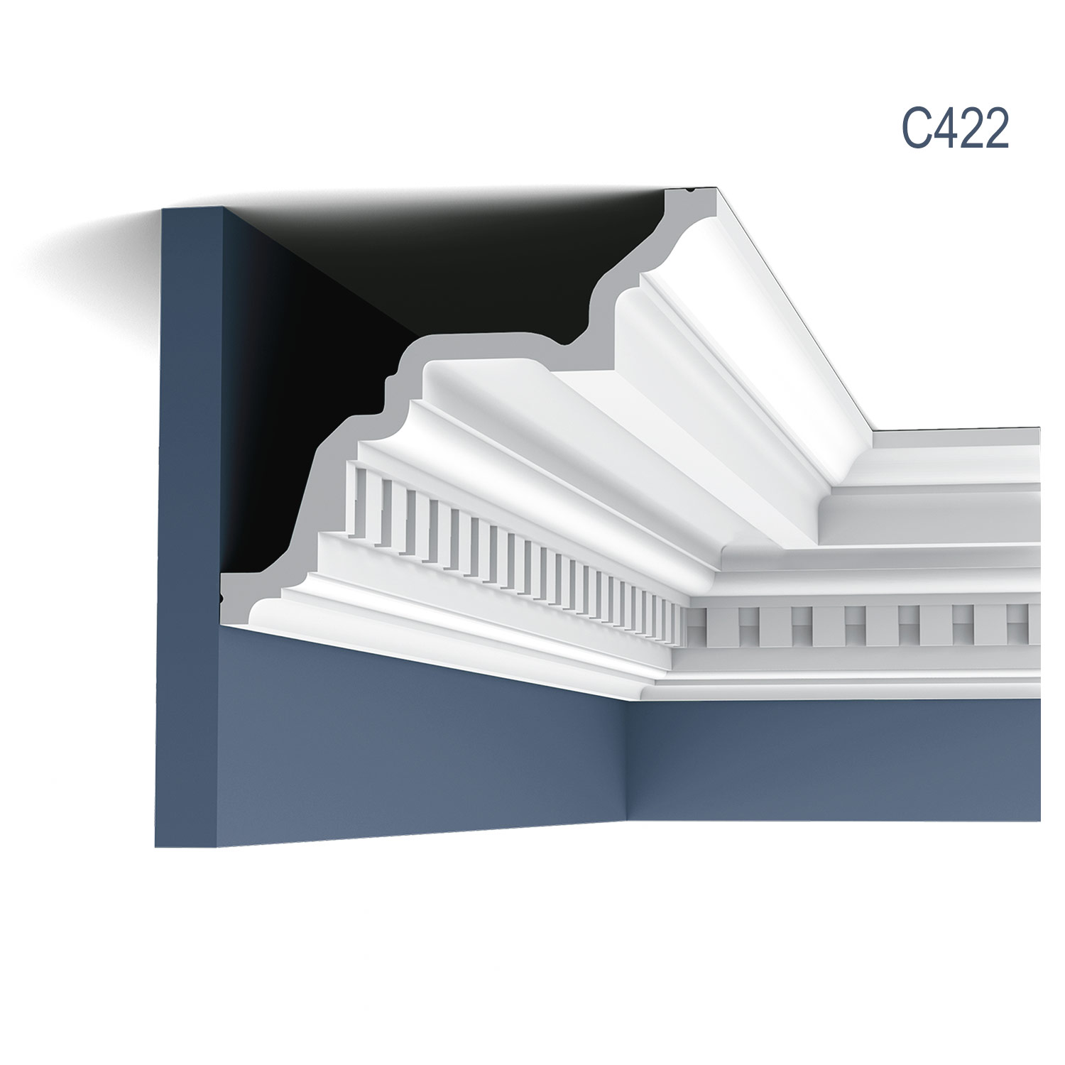 Cornisa C422, profil decorativ, pentru tavan, alba, vopsibila, rigida, calitate excelenta, Belgia, din Poliuretan rigid, L 200 x H 16.4 x W 19.4 cm