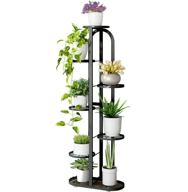 Suport metalic pentru ghivece de flori, cu 7 etajere separate, negru, 125x44,5x22 cm
