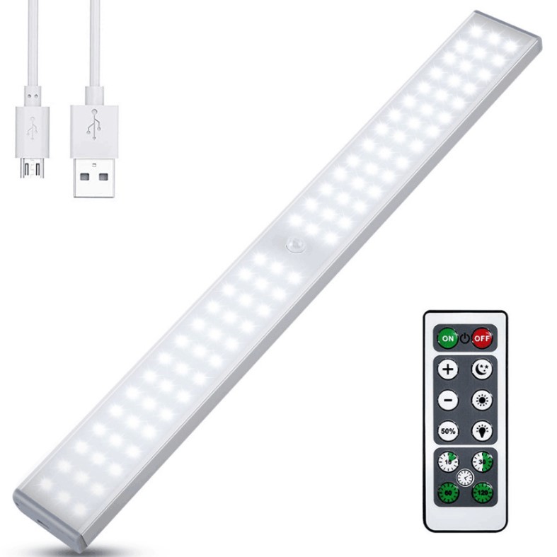 Lampa LED inteligenta, cu senzori de miscare, incarcare USB, magnetica, cu telecomanda, pentru dressing, hol, scari, dulap de bucatarie, baie, garaj, 80 LED-uri, alb rece