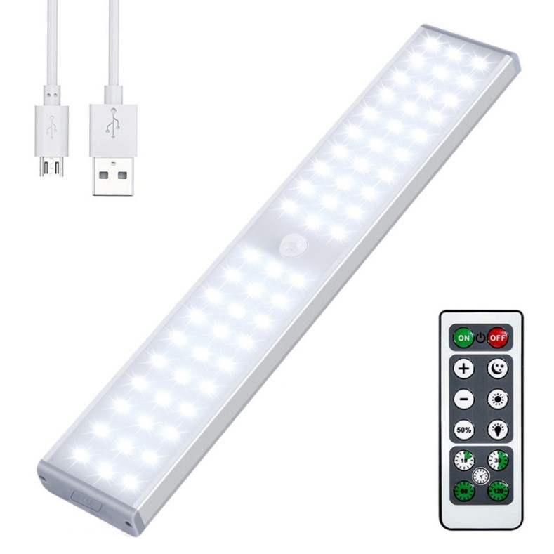 Lampa LED inteligenta, cu senzori de miscare, incarcare USB, magnetica, cu telecomanda, pentru dressing, hol, scari, dulap de bucatarie, baie, garaj, 60 LED-uri, alb rece