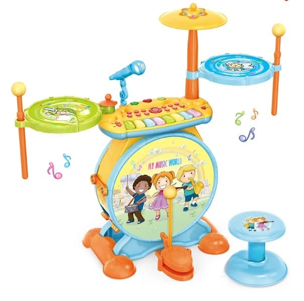 Set muzical pentru copii cu tobe si taste electronice, microfon pentru karaoke si scaunel, cu sunete si melodii