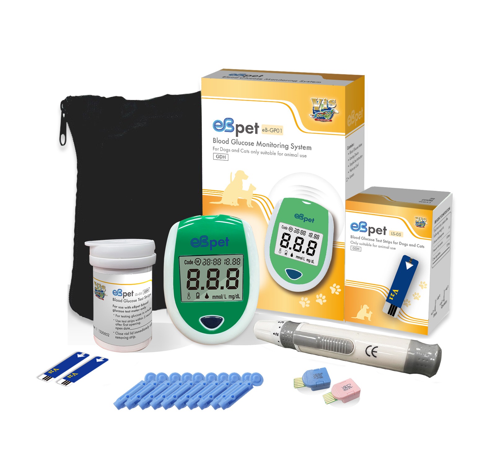 Glucometru eB-Pet + 100 teste, pentru uz veterinar (caini si pisici), testare rapida si precisa, 180 memorii