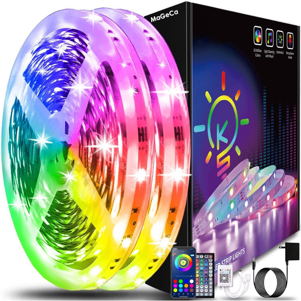 Kit banda LED MaGeCa® 5050 RGB, 10m, Control APP/Bluetooth/Telecomanda, Schimbare Culori Pe Ritmul Muzicii, Intensitate Reglabila, 12V, Multicolor