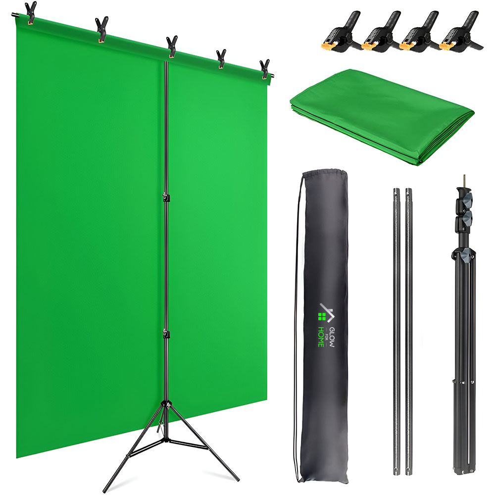 Kit perete fundal verde profesional pentru studio foto/video, GlowforHome, Green Screen portabil de tip Roll Up cu panza Chroma Key pentru streaming, 4 cleme, stativ sustinere, geanta de transport, 260x300 cm, negru