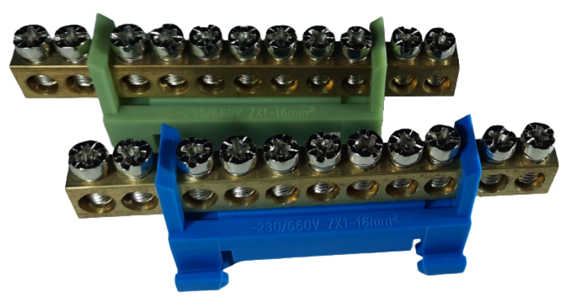 Set cleme bloc terminal barete pentru impamantare si nul albastra si verde pe sina 11 gauri max 16mm2 63A