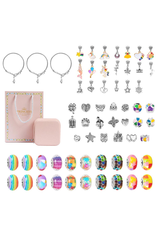 Set accesorii tip Pandora, charmuri colorate si 3 bratari, ambalaj cadou Princess Multicolor