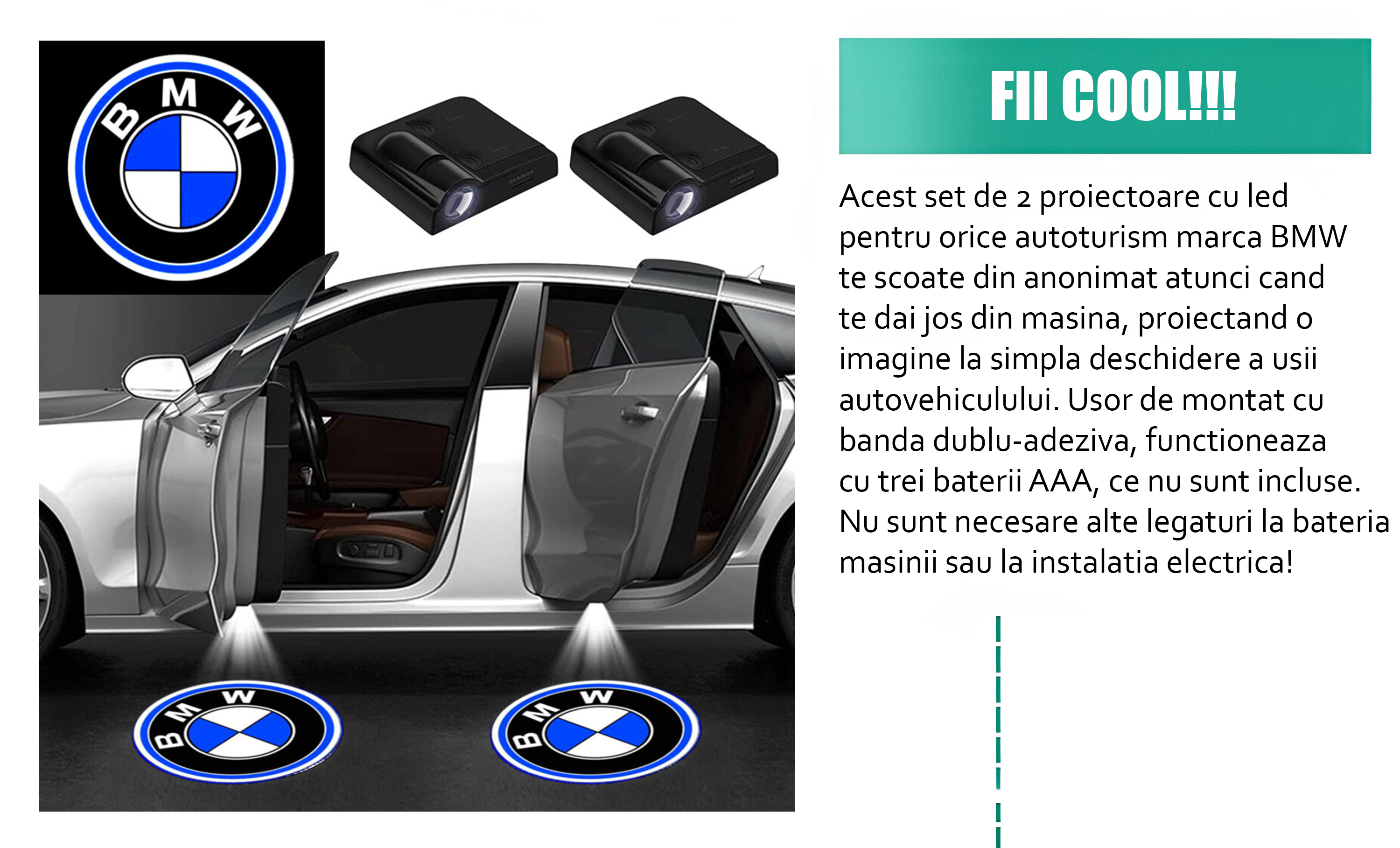 Set 2 proiectoare logo BMW cu holograma pe led HAWIRE, Compatibil cu toate modelele BMW, pe senzor, 3 baterii tip AAA