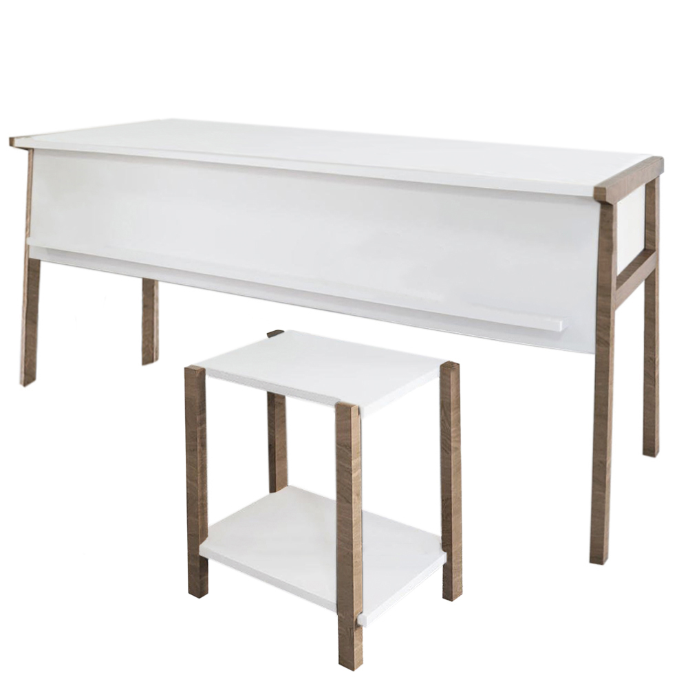 Set birou cu masa cafea, Quasar & Co.®, mobilier living/office, 150 x 60 x 74 cm/45 x 29 x 44 cm, stejar/alb mat