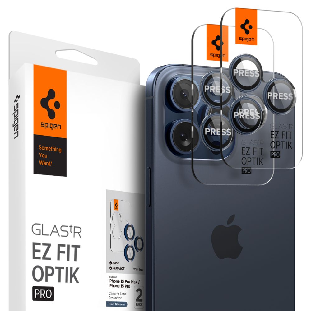 Folie Camera pentru iPhone 14 Pro / 14 Pro Max / 15 Pro / 15 Pro Max set 2 buc., Spigen Glas.tR Optik, Blue Titanium